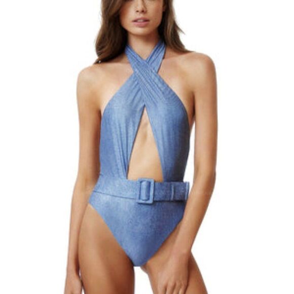 PQ Swim Other - PQ Swim women denim Belted Alex Crossover Halter One Piece Swimsuit Size Medium